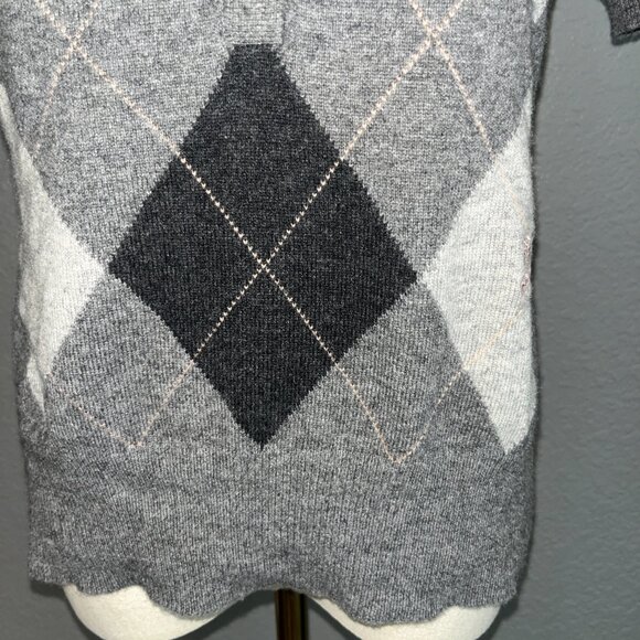 BURBERRY LONDON 100% CASHMERE GRAY ARGYLE SHORT SLEEVE POPOVER SWEATER - EUC - L - Picture 4 of 11